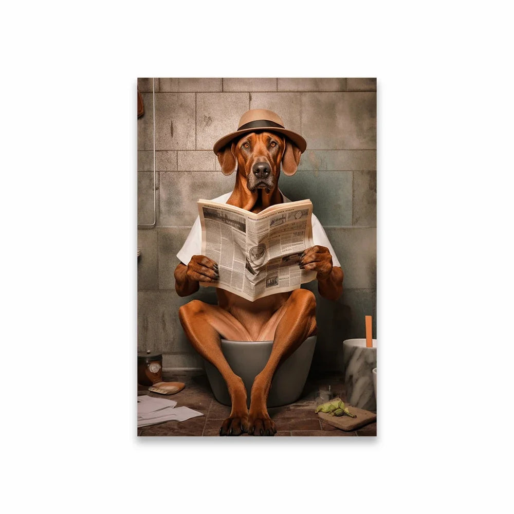 Goldendoodle On The Toilet Canvas Painting Toilet Humor Bathroom Poster Akita On The Toilet And Reading Newspaper Prints Deco