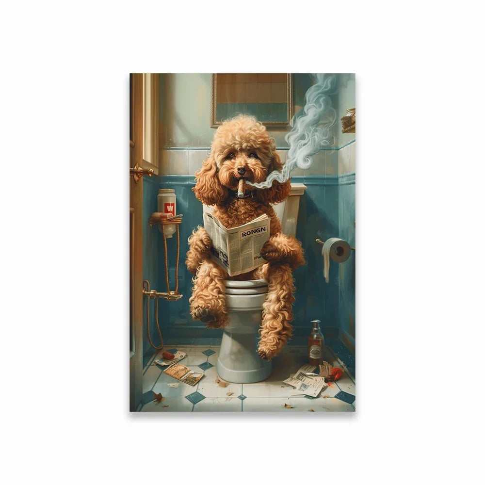 Goldendoodle On The Toilet Canvas Painting Toilet Humor Bathroom Poster Akita On The Toilet And Reading Newspaper Prints Deco
