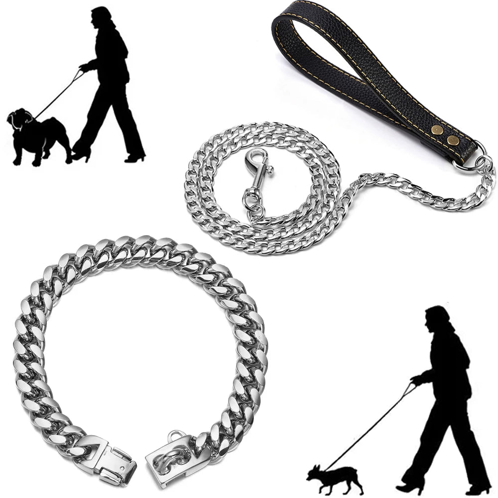 Golden Dog Leash with Collar Suit, Cuban Link Chain, Stainless Steel Pet Dog Safety Leash with PU Leather Handle, 18K Gold