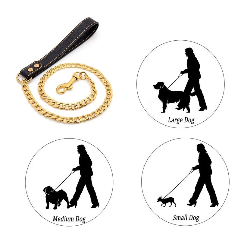 Golden Dog Leash with Collar Suit, Cuban Link Chain, Stainless Steel Pet Dog Safety Leash with PU Leather Handle, 18K Gold