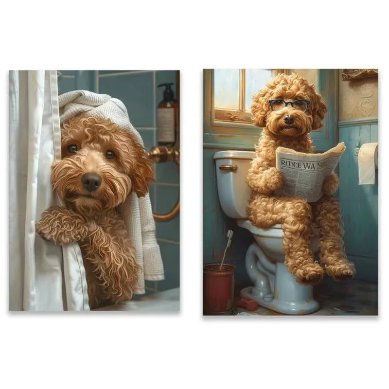 Goldendoodle Bathroom Canvas Paintings Modern Pet Themed Dog Lovers Toilet Poster Print Humorous Toilet Wall Art Restroom Decor