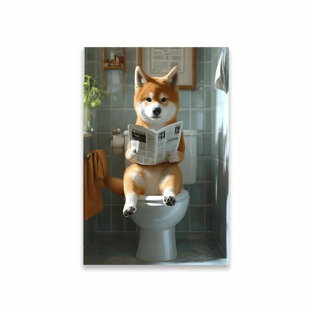 Goldendoodle On The Toilet Canvas Painting Toilet Humor Bathroom Poster Akita On The Toilet And Reading Newspaper Prints Deco