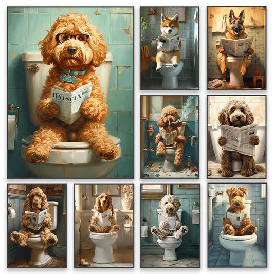 Goldendoodle On The Toilet Canvas Painting Toilet Humor Bathroom Poster Akita On The Toilet And Reading Newspaper Prints Deco