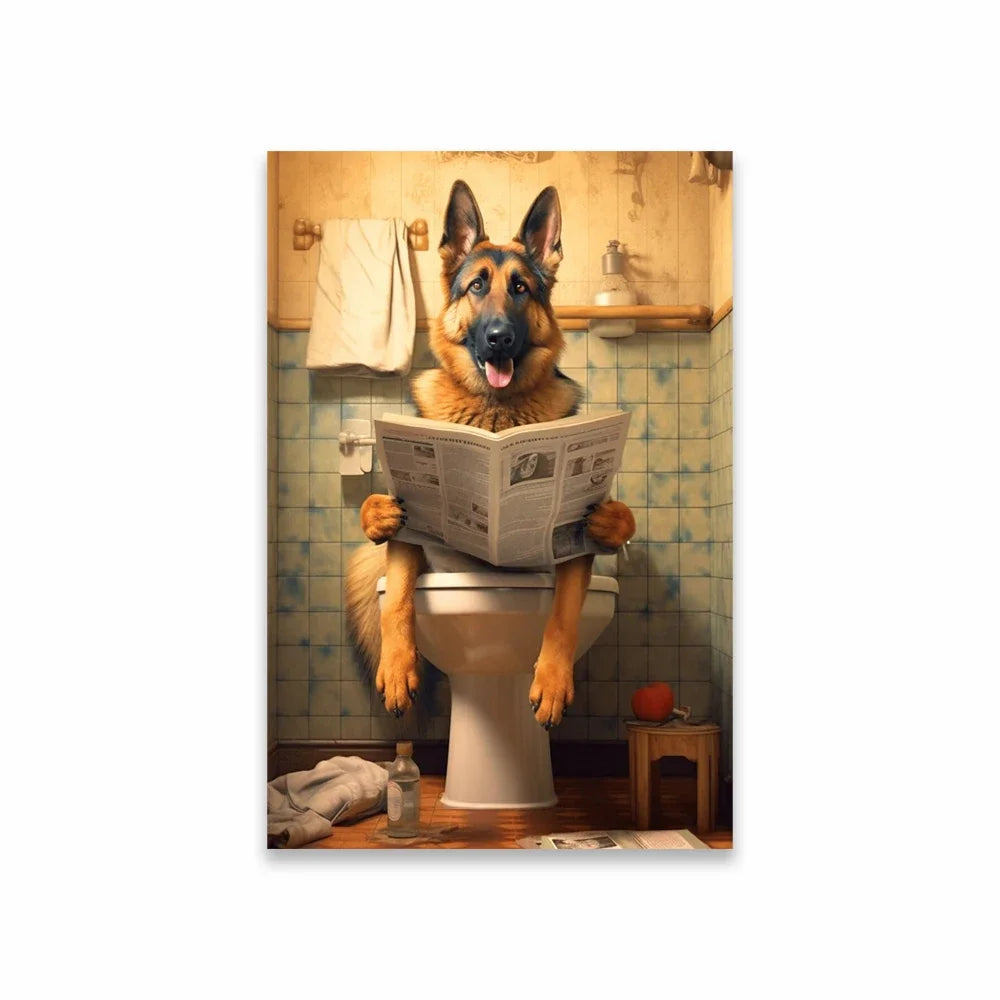 Goldendoodle On The Toilet Canvas Painting Toilet Humor Bathroom Poster Akita On The Toilet And Reading Newspaper Prints Deco