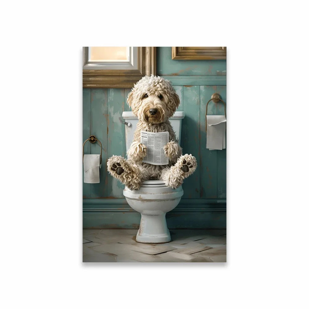 Goldendoodle On The Toilet Canvas Painting Toilet Humor Bathroom Poster Akita On The Toilet And Reading Newspaper Prints Deco