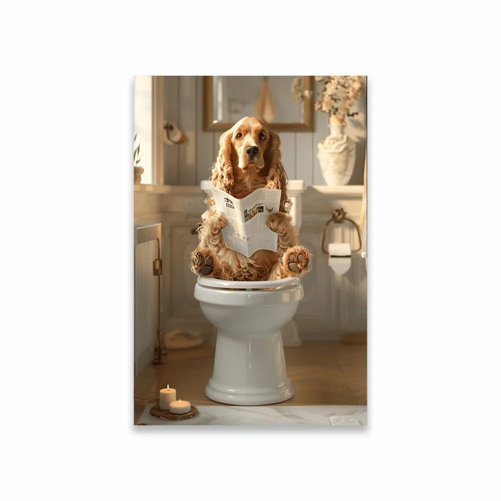 Goldendoodle On The Toilet Canvas Painting Toilet Humor Bathroom Poster Akita On The Toilet And Reading Newspaper Prints Deco
