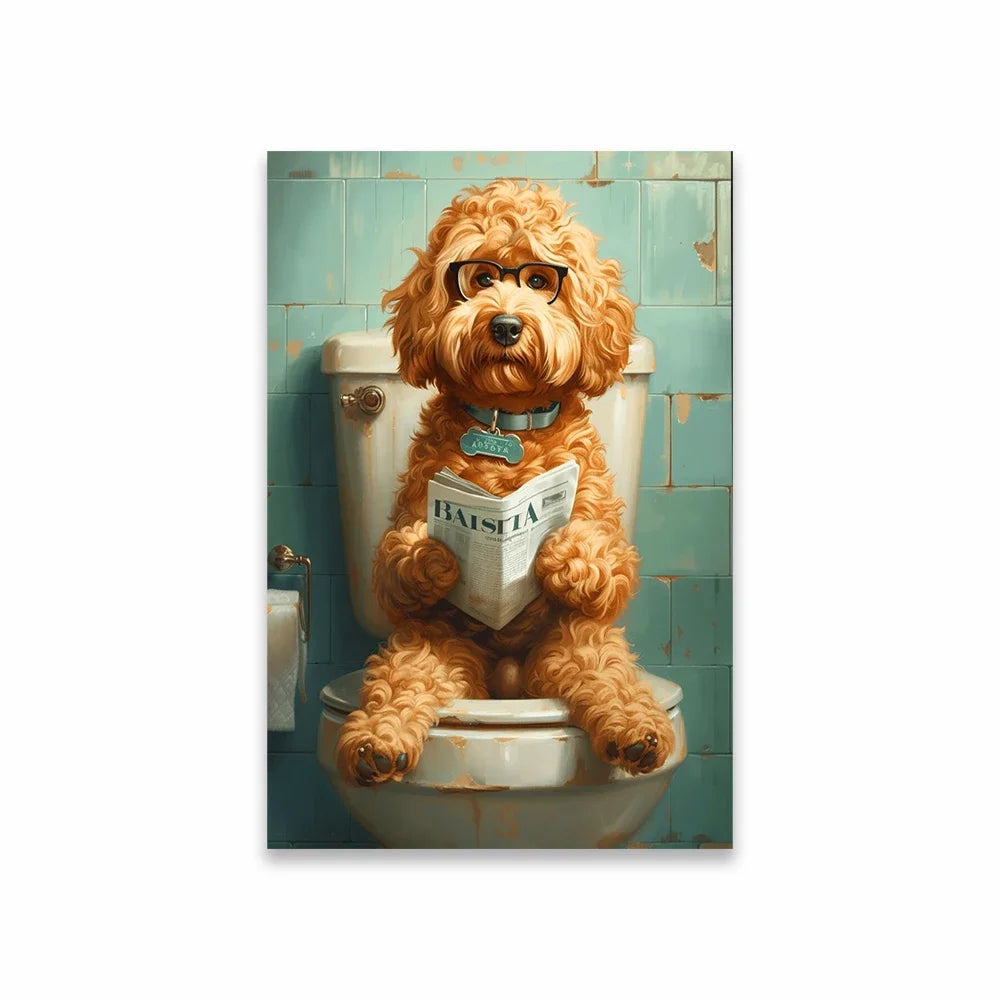 Goldendoodle On The Toilet Canvas Painting Toilet Humor Bathroom Poster Akita On The Toilet And Reading Newspaper Prints Deco