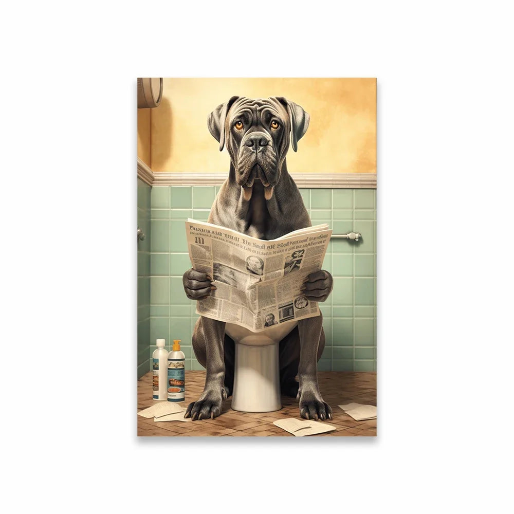 Goldendoodle On The Toilet Canvas Painting Toilet Humor Bathroom Poster Akita On The Toilet And Reading Newspaper Prints Deco