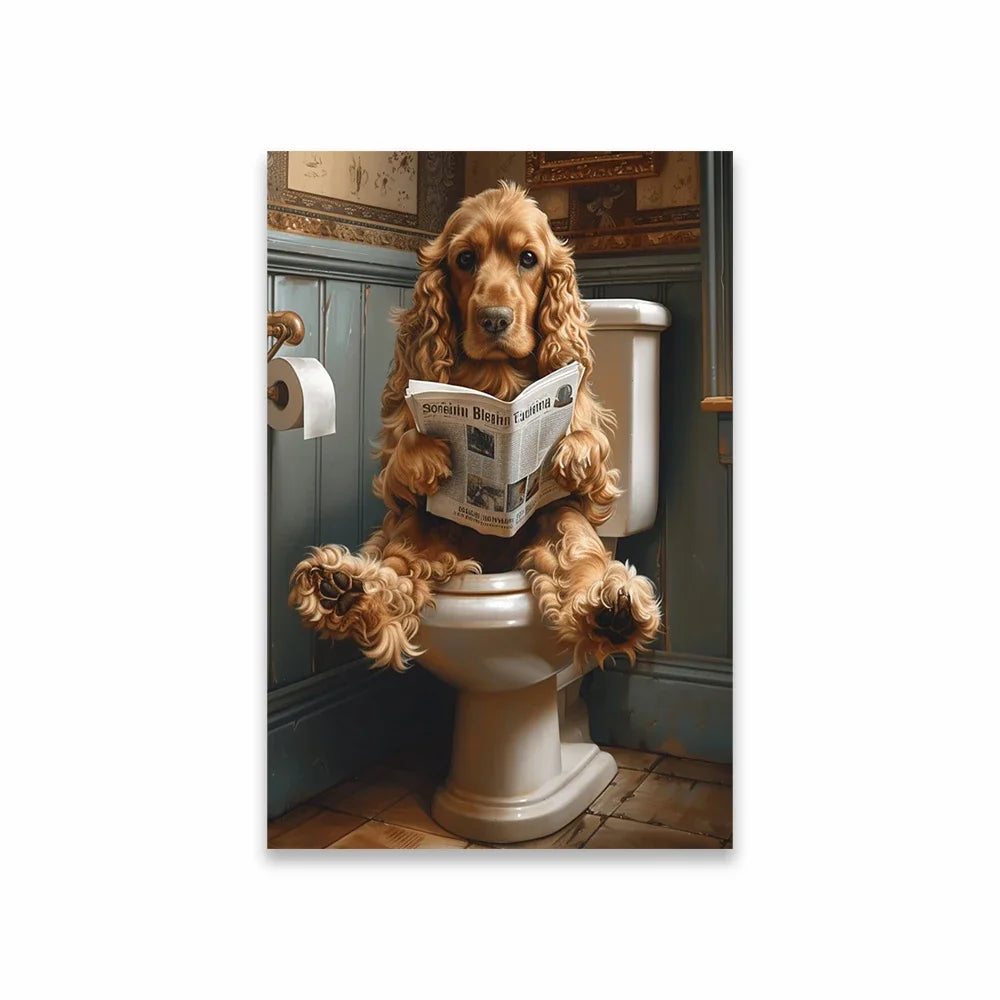 Goldendoodle On The Toilet Canvas Painting Toilet Humor Bathroom Poster Akita On The Toilet And Reading Newspaper Prints Deco